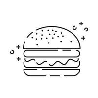 Burger icon vector isolated on white background, hamburger or fast food sign, thin symbols or lined elements in outline style. Snack, junk food and obesity illustration.