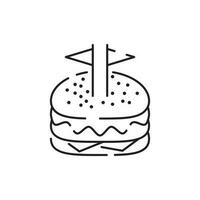 Burger icon vector isolated on white background, hamburger or fast food sign, thin symbols or lined elements in outline style. Snack, junk food and obesity.