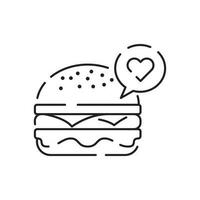 Burger icon vector isolated on white background, hamburger or fast food sign, thin symbols or lined elements in outline style. Snack, junk food and obesity illustration.