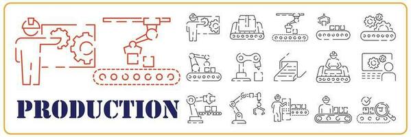 producción robot y fabricación línea icono colocar. incluido el íconos como proceso, producción, fábrica, embalaje y más. vector