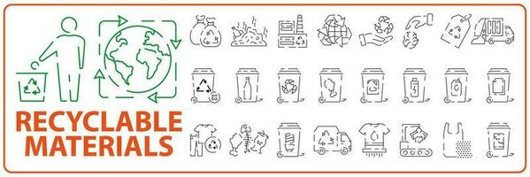 Recyclable material line icon set. Ecology Collection Recycling, Alternative Energy Source, Ecohouse, Environmental Protection, Global Warming and other. vector