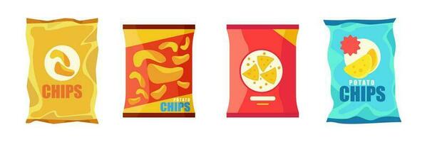 Set of colorful potato chips in cartoon style. Vector illustration of snacks with different sauces and flavors on white background.