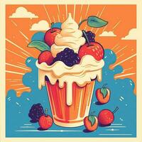 Ice cream retro style, ice cream 1980s poster, ice cream with fruits flat high quality ai image generated photo