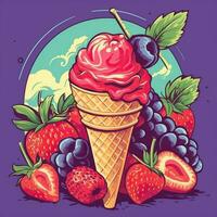 Ice cream retro style, ice cream 1980s poster, ice cream with fruits flat high quality ai image generated photo