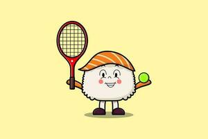 linda dibujos animados Sushi personaje jugando tenis campo vector