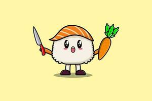 cartoon Sushi character holding knife and carrot vector