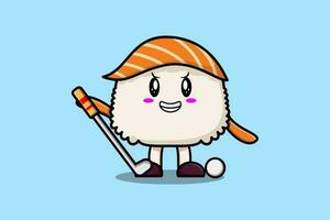 linda dibujos animados Sushi personaje jugando golf vector