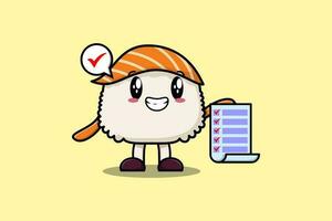 linda dibujos animados Sushi personaje sostener Lista de Verificación Nota vector