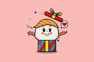 Cute cartoon Sushi coming out from big gift box vector