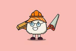 Cute cartoon Sushi as carpenter character with saw vector