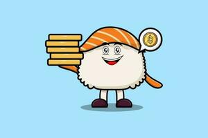 Cute cartoon Sushi character holding in stacked gold coin vector