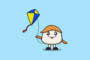 Cute cartoon Sushi character playing kite flaying vector