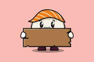 Cute cartoon Sushi character holding blank wooden vector