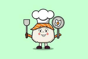 Cute cartoon Sushi chef holding pan and spatula vector