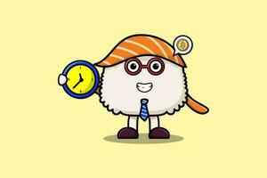 Cute cartoon Sushi character holding clock vector