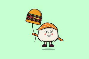 lindo sushi de dibujos animados flotando con globo de hamburguesa vector