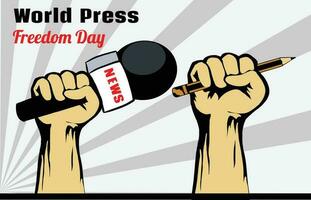 Vector illustration of a hand holding a microphone with broken chain, as a banner, poster or template for world press freedom day.