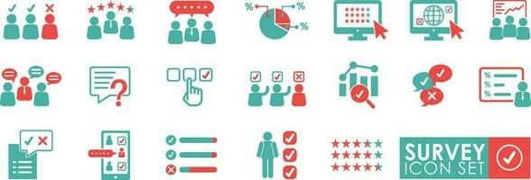 Survey icon set. Feedback, opinions, questionnaire, poll, research, data collection, review, and satisfaction icons. Vector illustration. Solid icon collection.