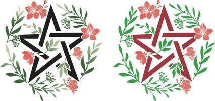 negro pentagrama con patrón, decorado con floreciente flor con hojas en blanco antecedentes. wiccan símbolo. vector aislado
