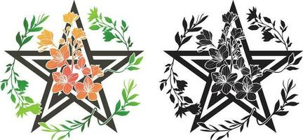 Floral pentagram. Decorated with blooming flower with leaves on white background. Color and silhouette style. Wiccan symbol. vector