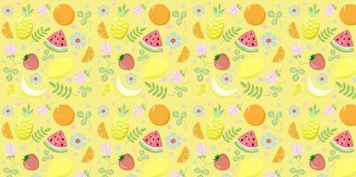 Seamless vector summer pattern tropical citrus fruits berries on yellow background. eps10 vector