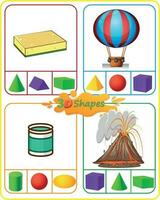 Math Worksheet 3D Shapes. Circle the shape that best matches the real life object in the picture. Identifying 3D shapes. vector