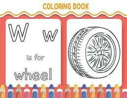 Kids alphabet coloring book page with outlined clipart to color. The letter W is for wheel. vector