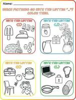 Early reading and writing worksheet Reading pictures, Coloring, Identifying objects, Learning the alphabet, Learning the letters I, J, K, and L, Practicing letter sounds. vector