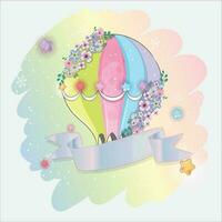 Cute vector dreamy rainbow color background with colorful hot balloons, colorful banner and flowers