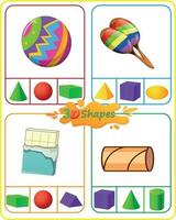 Math Worksheet 3D Shapes. Circle the shape that best matches the real life object in the picture. Identifying 3D shapes. vector