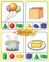 Math Worksheet 3D Shapes. Circle the shape that best matches the real life object in the picture. Identifying 3D shapes. vector