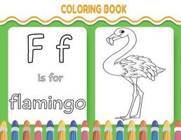 Kids alphabet coloring book page with outlined clipart to color. The letter F is for flamingo. vector