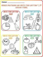 Early reading and writing worksheet Reading pictures, Coloring, Identifying objects, Learning the alphabet, Learning the letters Q, R, S, and T, Practicing letter sounds. vector