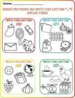 Early reading and writing worksheet Reading pictures, Coloring, Identifying objects, Learning the alphabet, Learning the letters E, F, G, and H, Practicing letter sounds. vector