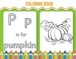 Kids alphabet coloring book page with outlined clipart to color. The letter P is for pumpkin. vector