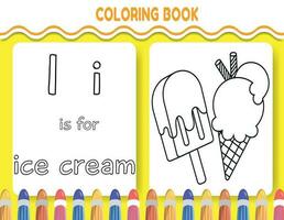 Kids alphabet coloring book page with outlined clipart to color. The letter I is for ice cream. vector