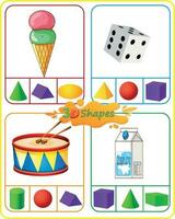 Math Worksheet 3D Shapes. Circle the shape that best matches the real life object in the picture. Identifying 3D shapes. vector