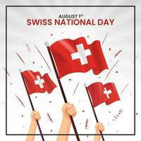 Square Swiss National Day background with hands and waving flags vector