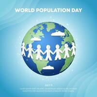 Square world population day background with a cutting paper people decoration and earth illustration vector
