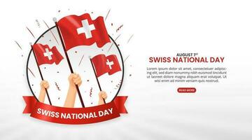 Swiss National Day background with hands and waving flags and confetti vector