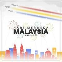 Square Hari Merdeka Malaysia or Independence Day of Malaysia background with colorful buildings and acrobatic jet planes vector