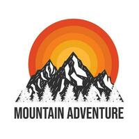 Adventure at the mountain graphic artwork for t shirt.  Mountain with sun retro vintage. vector