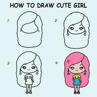 Step by step to draw a cute girl. Drawing tutorial a cute girl. Drawing lesson for children. Vector illustration