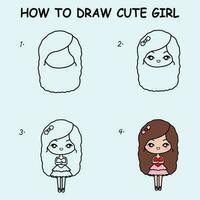 Step by step to draw a cute girl. Drawing tutorial a cute girl. Drawing lesson for children. Vector illustration