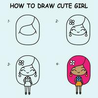 Step by step to draw a cute girl. Drawing tutorial a cute girl. Drawing  lesson for children. Vector illustration 25685806 Vector Art at Vecteezy