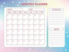 Monthly calendar glider on rainbow background with stars vector