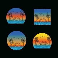 retro puesta de sol playa camiseta diseño Listo modelo gráficos vector ilustración, 90s afligido antiguo, verano vacaciones con palma arboles insignias, 70s antiguo vistoso estilo, amanecer Brillo Solar ola lona