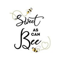 Sweet as can Bee phrase with bee on white background Cute card design for Baby Shower Boy or Girl birthday Vector illustration Card design Banner congratulation baby logo symbol sign print label badge