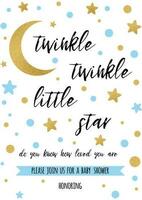 Twinkle twinkle little star text with cute gold, blue colors for boy baby shower card template Vector illustration. Banner for children birthday design, logo, label, sign, print. Inspirational quote