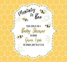 Baby shower invitation template with text Mommy to Bee, honey. Cute card design for girls boys with bees. Vector illustration. Banner for children birthday, congratulation on honeycomb background